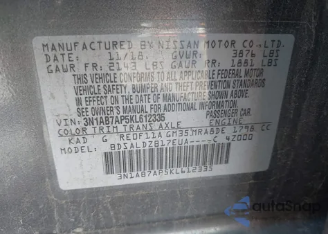 2019 Nissan Sentra Sv z USA, uszkodzony, nr VIN 3N1AB7AP5KL612335